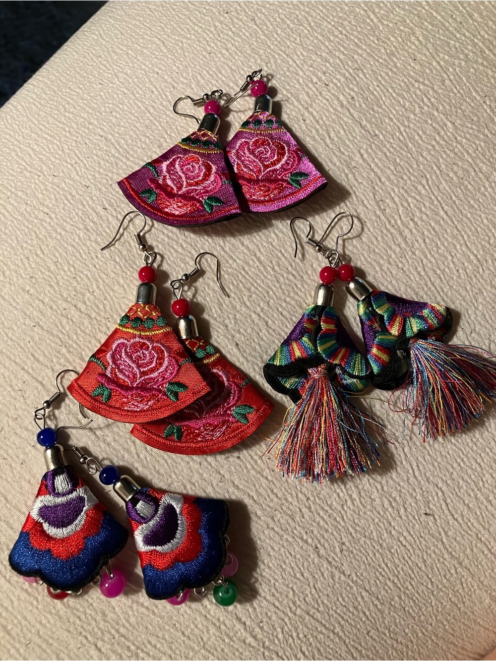 MEXICANA Pink & Red Embroidered Floral Tassel Earrings